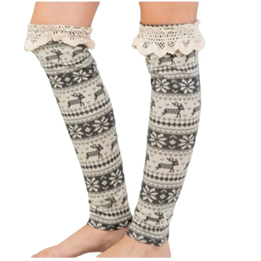 Nordic Print Leg Warmers/Boot Toppers Over the Knee Gray and Cream Color